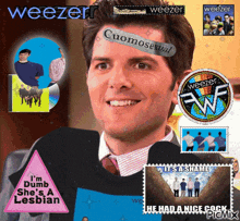 a man with a weezer sticker on his head