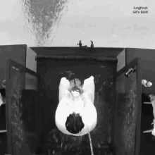 a black and white photo of a person in a bathtub with jungkook gifs b & w written on the bottom