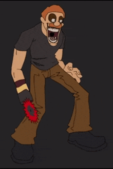 a cartoon of a man screaming and holding a red object in his hand