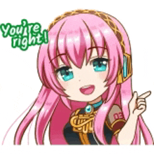 a cartoon girl with pink hair and blue eyes is pointing at something and saying `` you 're right '' .