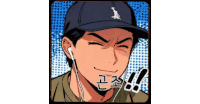 a man wearing a baseball cap and ear buds is smiling and making a funny face