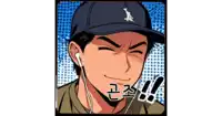 a man wearing a baseball cap and ear buds is smiling and making a funny face