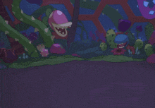 a cartoon drawing of a flower with a purple flower in the background