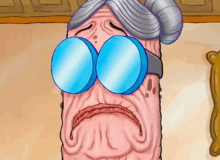 a cartoon character with a sad look on his face wearing blue goggles
