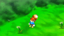 a cartoon squirrel is standing in a grassy field with dandelions .