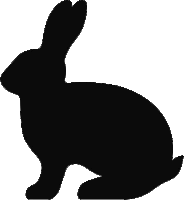 a black silhouette of a rabbit is sitting down on a white background