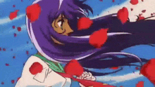 a girl with purple hair is holding a rose in her hand surrounded by rose petals .