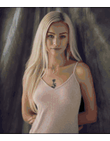 a woman with a tattoo on her chest looks at the camera
