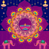 a colorful mandala with two elephants and a candle in the center