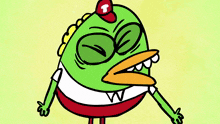 a green cartoon character with a red hat and a t on it