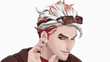 a man with red white and black hair and sunglasses on his head