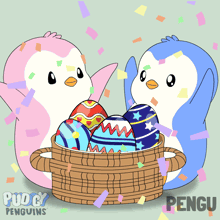 two penguins are holding a basket full of easter eggs and the word pengu is on the bottom