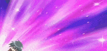 a cartoon character is standing in front of a purple and blue background with stars coming out of it .