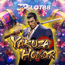 a poster for yakuza honor shows a man holding a sword in front of a slot machine