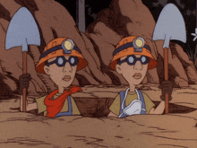 two cartoon characters wearing hard hats and goggles are digging in the dirt