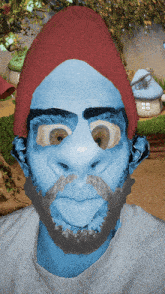 a smurf wearing a red hat and a gray shirt