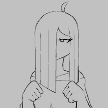 a black and white drawing of a woman with long hair covering her face with her hands