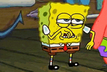 spongebob squarepants is standing on a wooden floor next to patrick star and a fish .