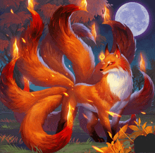 a painting of a fox with a full moon behind it