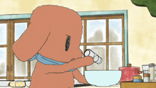 a cartoon drawing of a dog holding a cup over a bowl