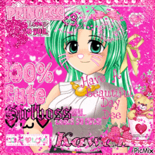 a girl with green hair is on a pink background with the words princess i love you