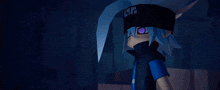 a cartoon character with blue hair and purple eyes is wearing a black hat that says ' a ' on it