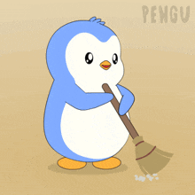 a blue and white penguin holding a broom with the word pengu on the bottom right