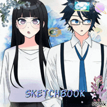 a boy and a girl standing next to each other with the words sketchbook on the bottom right