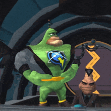 a cartoon character in a green superhero costume stands next to another cartoon character