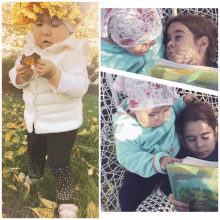 a little girl wearing a wreath of leaves holds a leaf in her hand