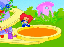 a cartoon of a girl standing next to a sandbox