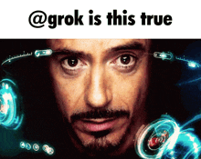 a close up of a man 's face with the words " @grok is this true " above him
