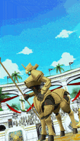 a cartoon drawing of a robot riding a horse with a spear