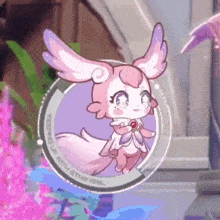 a pink and purple cartoon character with wings is in a circle with the words world with eternal written on it