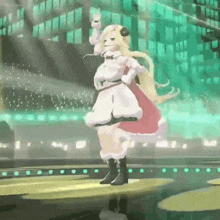 a cartoon character is dancing on a stage in front of a building