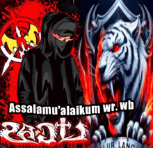 a cartoon of a man in a black hoodie and a white tiger with the words assalamu ' alaikum wr wb
