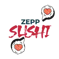 a logo for zepp sushi with two sushi rolls and a heart