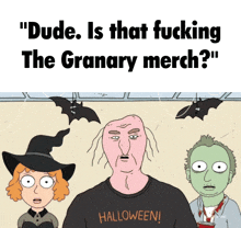 a cartoon character with a halloween shirt on