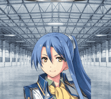 a girl with blue hair and a yellow bow tie