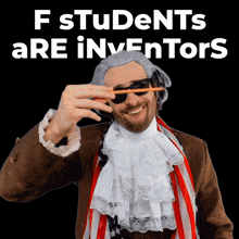 a man holding a pencil in front of his eye with the words f students are inventors on the bottom