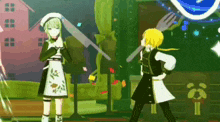 a couple of anime characters are standing next to each other and holding knives and forks .