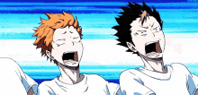 two anime characters are standing next to each other with their mouths wide open .