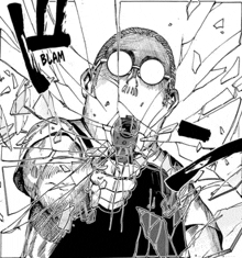 a black and white drawing of a man holding a gun in front of a broken glass wall with the word blam on it .