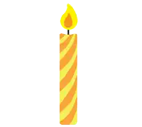 a yellow and orange striped birthday candle with a lit flame