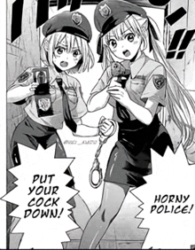 two girls in police uniforms are standing next to each other with horny police written on the bottom