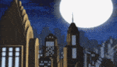 a city skyline with a full moon behind it