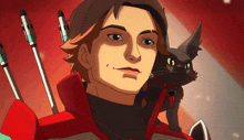 a cartoon drawing of a man with a black cat behind him