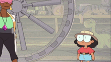 a woman in a lab coat stands next to a girl in a hat