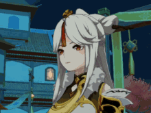 a girl with white hair and red eyes is standing in front of a building