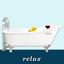 a bathtub with a rubber duck and a glass of wine
